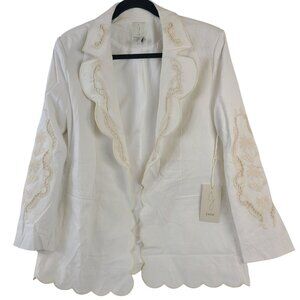 New Joie White Linen Blend Scalloped Blazer Floral Embroidery Open Front SZ M